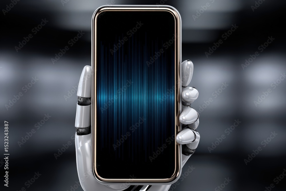 Poster a futuristic robotic hand holding a smartphone displaying an audio waveform symbolizing advanced tec