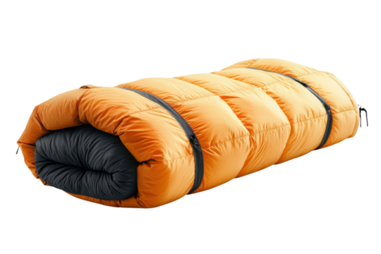 A warmly packed orange sleeping bag ready for wilderness adventures under open skies promising on transparent background