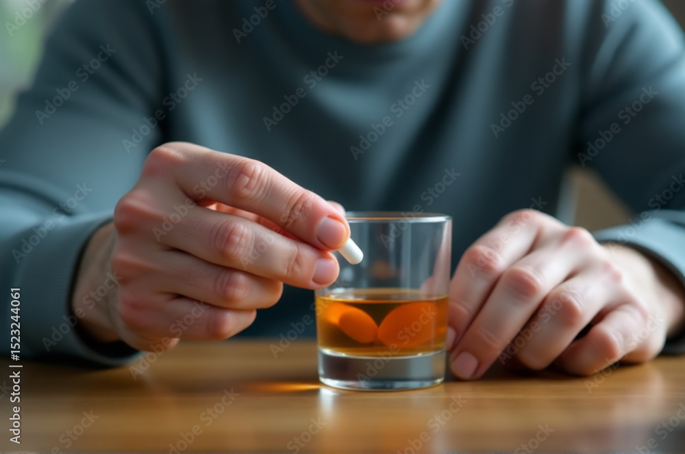 Poster a person relaxing at a table with a glass of liquor, possible evening routine or unwinding after wor