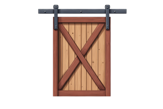 A rustic barn door promising untold stories behind its wooden planks with a crossed brace and on transparent background