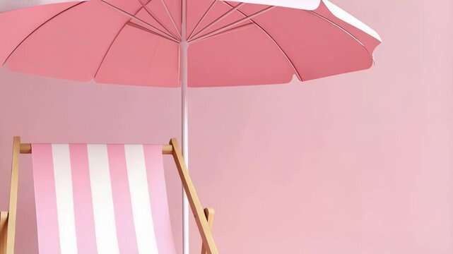 Pink beach scene showcasing a striped lounge chair, a parasol sunshade and a beach ball, all in a pastel monochrome palette.