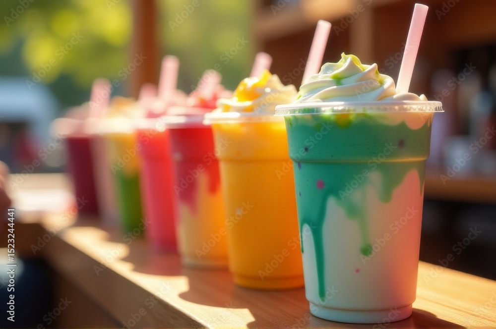 Poster a row of colorful drinks with straws on a table