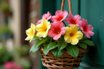 Obraz premium A basket of fresh flowers hanging on a green wall, perfect for decorating or as a centerpiece