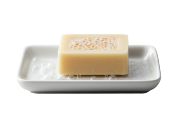 A pristine bar of natural soap rests on a sleek modern white soap dish promising purity and on transparent background