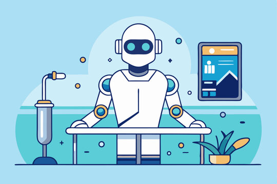 Robot working in office, AI technology, data analysis, scientific experiment setup, digital screen display, modern workspace concept, automated operation, future work environment.