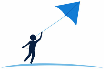 Obraz premium Blue silhouette figure flying kite, leisure activity, kite flying, blue silhouette, outdoor fun, vector art, graphic design, leisure icon, simple illustration, nature concept.