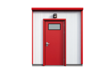 A vibrant red door beckons a portal to untold stories of industry and innovation set against a on transparent background