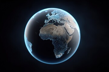 Fototapeta premium Stunning 3D representation of Earth showcasing the intricate details of continents and oceans illuminated by glowing lights highlighting urban areas and natural landscapes in captivating visual