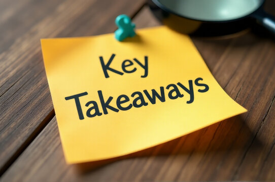 A piece of paper with notes taken during a presentation or meeting, featuring the words 'key takeaways' - Powered by Adobe