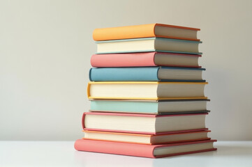 A collection of books stacked on a table, great for depicting knowledge or learning