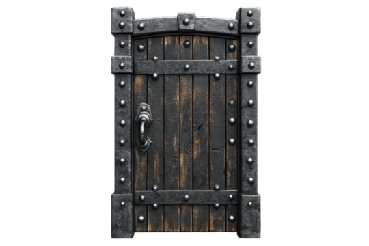An imposing weathered castle door whispering tales of medieval sieges and ancient secrets on transparent background