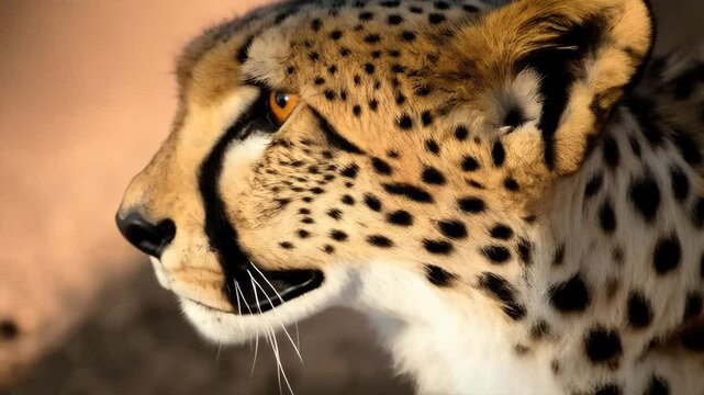 Close up portrait of a cheetah's face with striking amber eyes and patterned fur looking intensely at the viewer in natural lighting