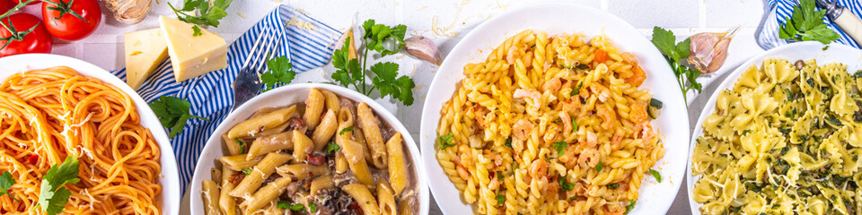 Set of pasta with different sauces
