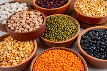 Various dried legumes, lentils, chikpeas, beans assortment