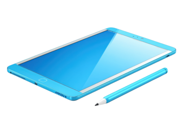 Captivating blue tablet showcasing technology s sleek design paired with a stylus in an on transparent background