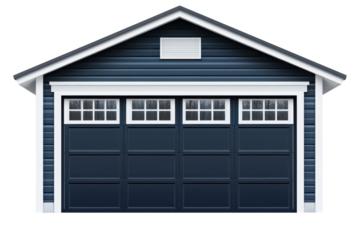 A stylish dark blue garage door a testament to suburban home improvement reflecting curb on transparent background