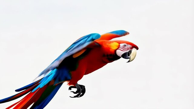 Vibrant parrot flying against a white background, exhibiting brilliant colors, feathers, wings and tropical wildlife