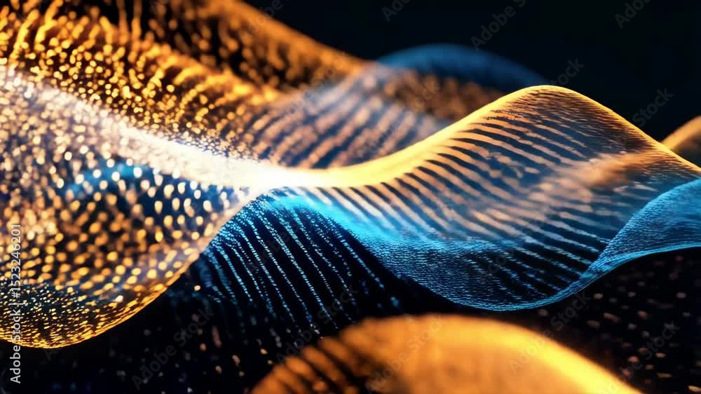 Poster abstract flowing waves created by light particles on a dark background, creating a modern and techno