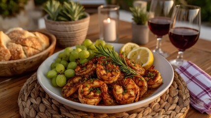 Freshly Grilled Shrimp Served with Green Grapes Lemon Wedges and Rosemary on a Rustic Wooden Table Accompanied by Glasses of Red Wine for an Elegant Dining Experience