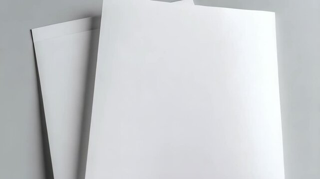 Two blank white paper sheets slightly overlapped against a gray backdrop, ready for design mockups or printing template.
