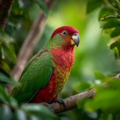 vivid redandgreen parrot perched on a tree on feathers tropical forest backdrop