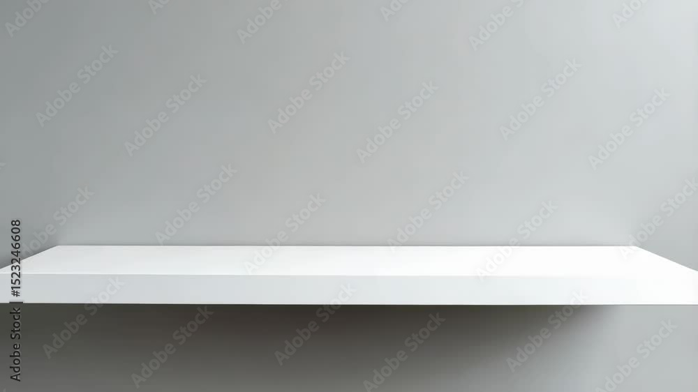 Poster studio shot showcasing a minimalist white floating shelf mounted on a gray wall, clean modern archit