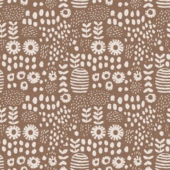 Calm scribble shape minimal shape seamless pattern. Gender neutral baby nursery natural brown linen decor background. Scandi style sketch doodle wallpaper in decorative kid fashion swatch. 