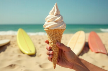 Hand holding ice cream in cone with sea and surfboards in the background