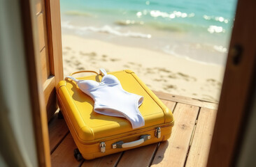White swimsuit lying on a yellow suitcase on the threshold of a beach house, in the background the sea, mockup, space for text