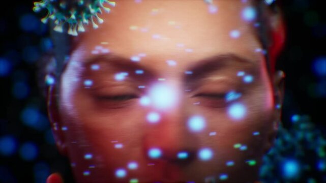 A young woman frowns and feels anxious, visualization of a multitude of bacteria and viruses in the air around a person, giant scale, conceptual image