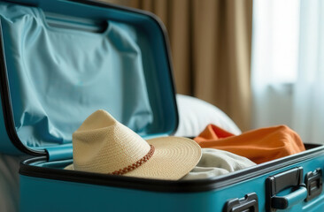 Blue travel suitcase with vacation clothes lying in the room