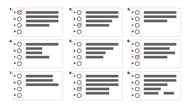 Online test form with checkboxes and some ticks on white background