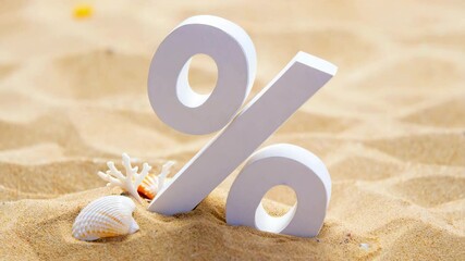 White percentage symbol standing on sandy beach with seashells for summer sale or travel discount concept - Powered by Adobe