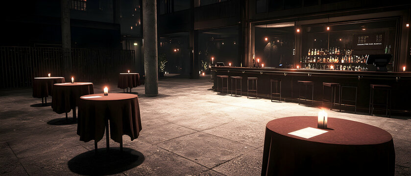 Night Restaurant Interior With Dim Lighting And Tables