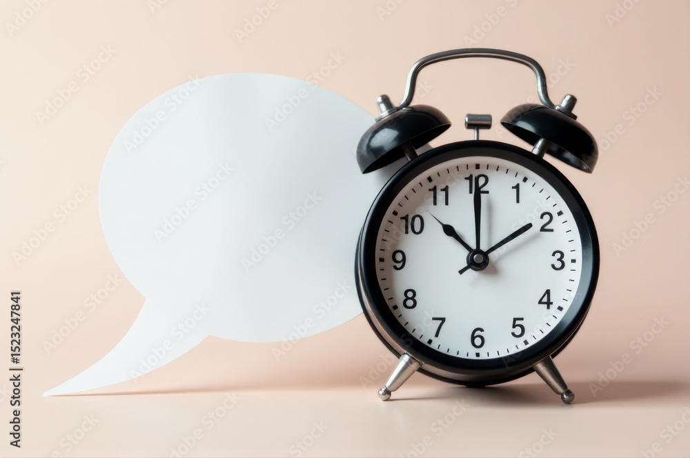 Poster an alarm clock on a desk with a speech bubble in the background, a simple and modern design