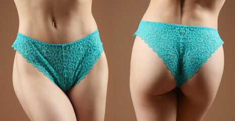 Woman in turquoise underwear on brown background, closeup. Front and back view, collage