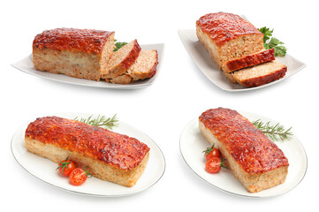 Delicious baked meatloaf isolated on white, set