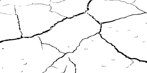 Generate a high-contrast image of a cracked white surface. The cracks should be dark and irregular, forming a network across the white background, resembling dried earth, cracked paint, 