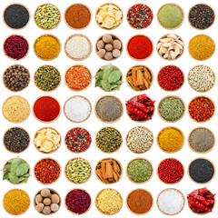Different aromatic spices in bowls isolated on white, set. Top view