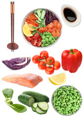 Dish with salmon and other ingredients on white background, collage