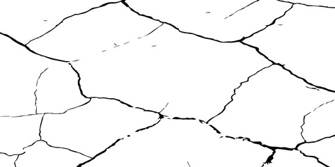 Generate a high-contrast image of a cracked white surface. The cracks should be dark and irregular, forming a network across the white background, resembling dried earth, cracked paint, 