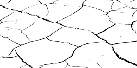 Generate a high-contrast image of a cracked white surface. The cracks should be dark and irregular, forming a network across the white background, resembling dried earth, cracked paint, 
