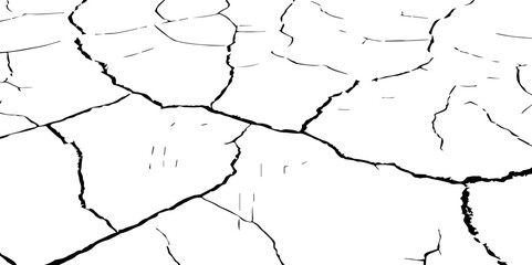 Generate a high-contrast image of a cracked white surface. The cracks should be dark and irregular, forming a network across the white background, resembling dried earth, cracked paint, 