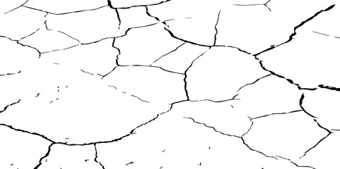 Generate a high-contrast image of a cracked white surface. The cracks should be dark and irregular, forming a network across the white background, resembling dried earth, cracked paint, 