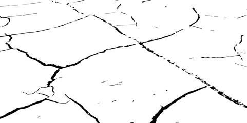 Generate a high-contrast image of a cracked white surface. The cracks should be dark and irregular, forming a network across the white background, resembling dried earth, cracked paint, 