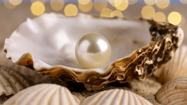 Lustrous pearl resting inside a large oyster shell surrounded by other shells on sand with a soft, bokeh background lighting.