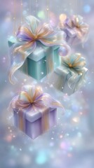 Dreamy floating gift boxes in pastel hues against a soft bokeh