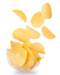Tasty crispy potato chips falling into bowl on white background
