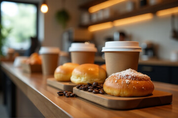 A table setting with three pastries and coffee cups, perfect for a breakfast or brunch scene