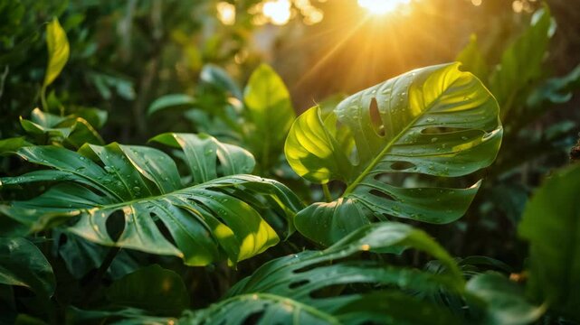 Green monstera tropical leaves with water drops in sunlight at sunset in jungle or garden environment